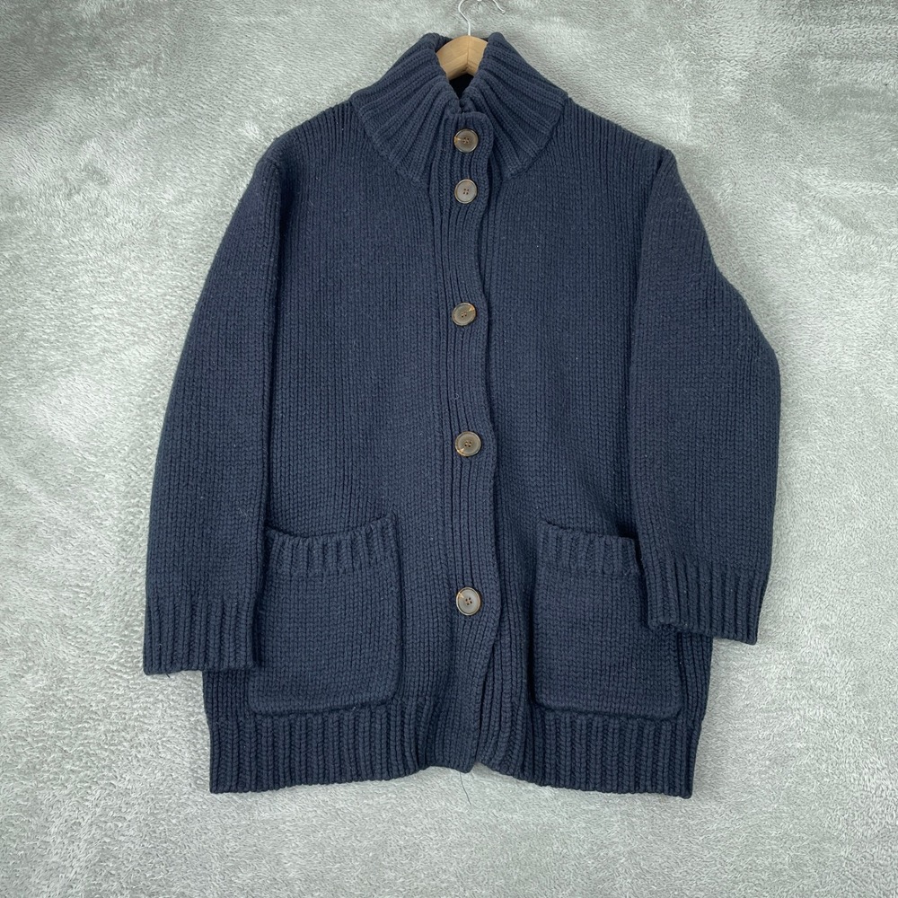 DemyLee Cardigan Womens Small Navy Blue Wool Funnel Neck Chunky Knit Sweater